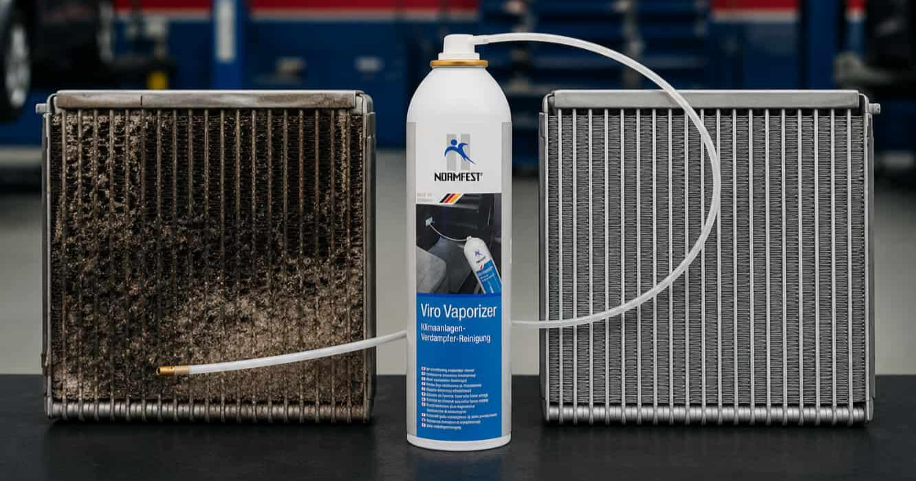 Avant/après nettoyage d’un évaporateur de clim auto avec le désinfectant Normfest Viro Vaporizer 400 ml.