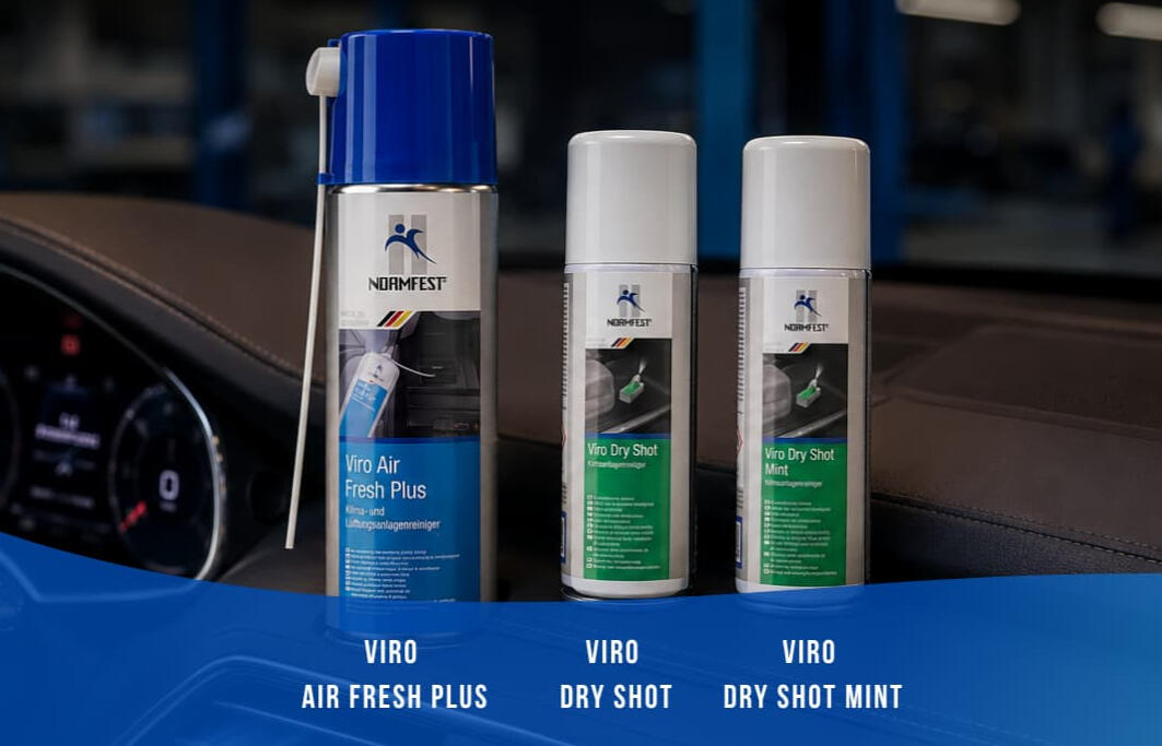 Nettoyants clim auto Normfest Viro Air Fresh Plus, Viro Dry Shot et Viro Dry Shot Mint dans un habitacle de voiture moderne.